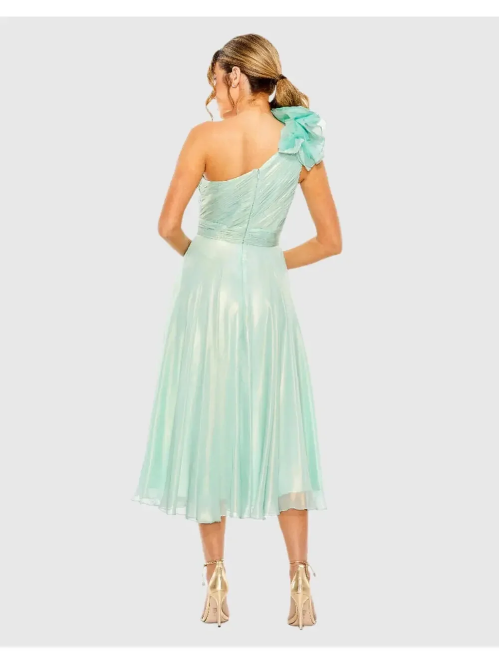New Mac Duggal Rosette One Shoulder Tea Length Dress In Sage Size 6 - Picture 3 of 10